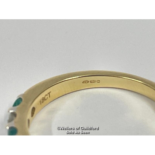 342 - Emerald and diamond eternity half band stamped 18ct, ring size o, diamond weight 0.40ct estimated di... 