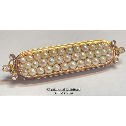 343 - Stock pin in yellow metal with three rows of split pearls and rose cut diamond terminations, not hal... 