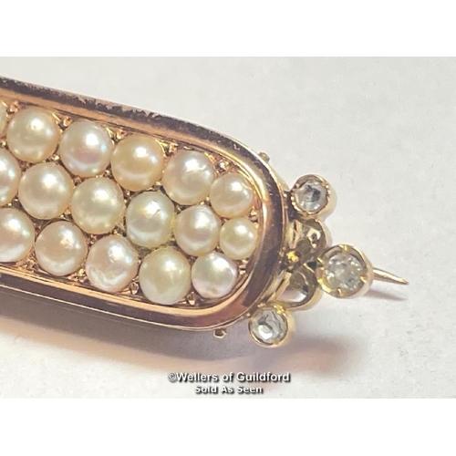 343 - Stock pin in yellow metal with three rows of split pearls and rose cut diamond terminations, not hal... 