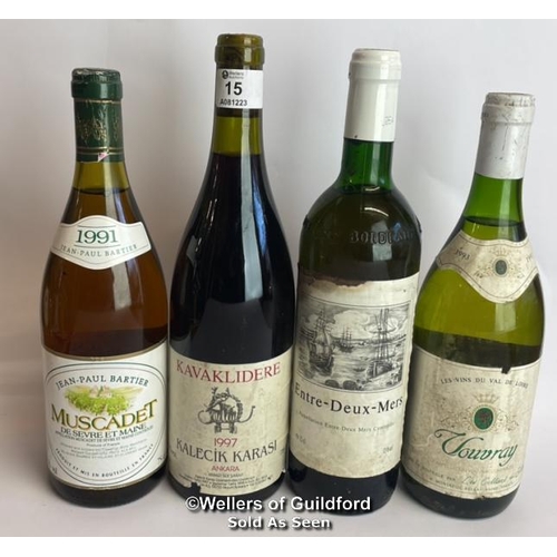 15 - Four bottles of vintage wine Inc. 1997 Kavaklidere Kalecik Karasi, 1991 Jean-Paul Bartier Muscadet D... 