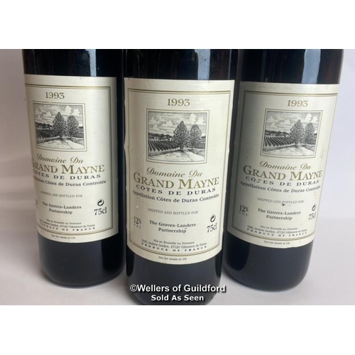 16 - Three bottles of 1993 Domaine Du Grand Mayne Cotes de Duras, 75cl, 12% vol / Please see images for f... 