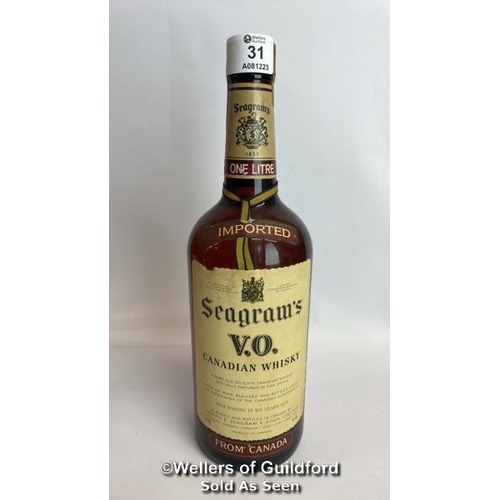 31 - Seagrams V.O. Canadian Whisky, Aged 6 Years, Bottled in 1982, 1L, 43% vol / Please see images for fi... 