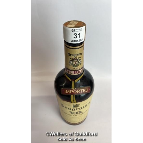 31 - Seagrams V.O. Canadian Whisky, Aged 6 Years, Bottled in 1982, 1L, 43% vol / Please see images for fi... 