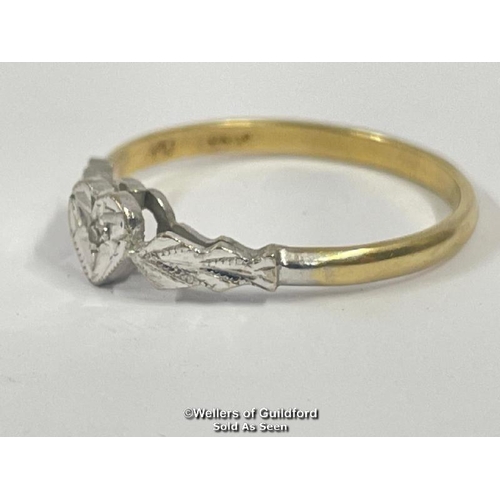 345 - Heart motif ring set with a tiny single cut diamond in hallmarked 18ct gold and platinum. Hallmarks ... 