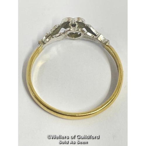 345 - Heart motif ring set with a tiny single cut diamond in hallmarked 18ct gold and platinum. Hallmarks ... 