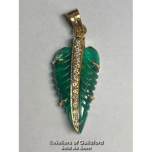 346 - Leaf cut emerald pendant set with thirteen brilliant cut diamonds, estimated diamond weight 0.15ct, ... 