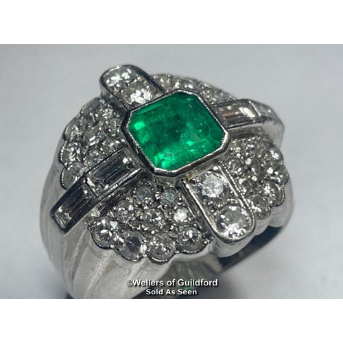 347 - Emerald and diamond ring stamped PT950, set with round brilliant cut, single cut and baguette cut di... 