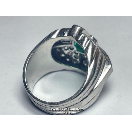 347 - Emerald and diamond ring stamped PT950, set with round brilliant cut, single cut and baguette cut di... 