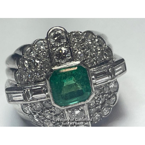 347 - Emerald and diamond ring stamped PT950, set with round brilliant cut, single cut and baguette cut di... 