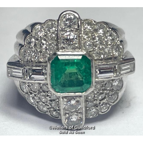 347 - Emerald and diamond ring stamped PT950, set with round brilliant cut, single cut and baguette cut di... 