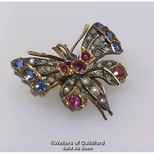 348 - Late Victorian ruby, sapphire, diamond and pearl butterfly brooch with pendant loop and removable br... 