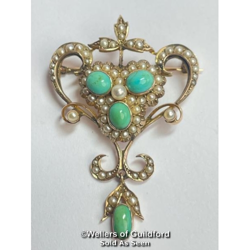 351 - Early 20th Century turquoise and split pearl brooch with articulated drop. Dimensions approx 4.5cm x... 