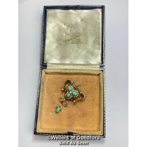 351 - Early 20th Century turquoise and split pearl brooch with articulated drop. Dimensions approx 4.5cm x... 