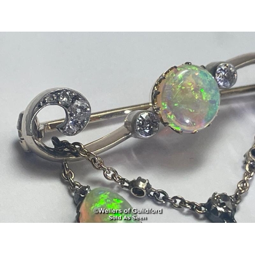 359 - Late Victorian opal and old cut diamond bar brooch with opal and diamond chain, dangle drops the cen... 