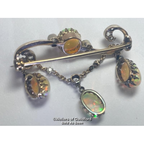 359 - Late Victorian opal and old cut diamond bar brooch with opal and diamond chain, dangle drops the cen... 