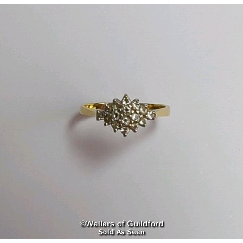 363 - Diamond marquise cluster ring in hallmarked 18ct gold, London 1985. Diamond weight approximately 0.2... 