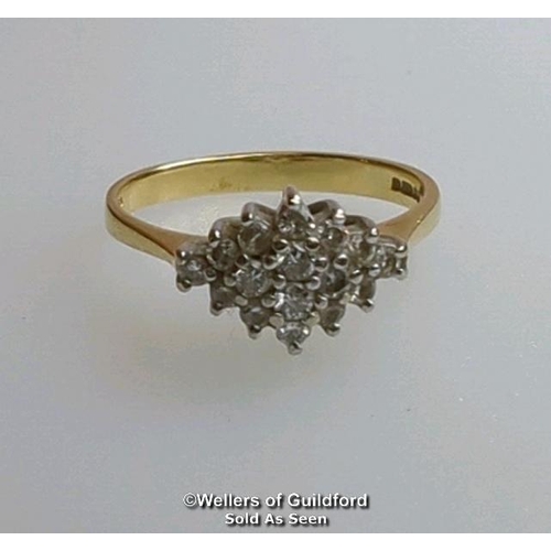 363 - Diamond marquise cluster ring in hallmarked 18ct gold, London 1985. Diamond weight approximately 0.2... 