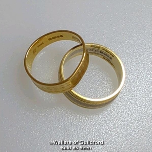 365 - Two wedding bands. One hallmarked 22ct gold, London 1963, ring size M, gross weight 2.81g. The other... 