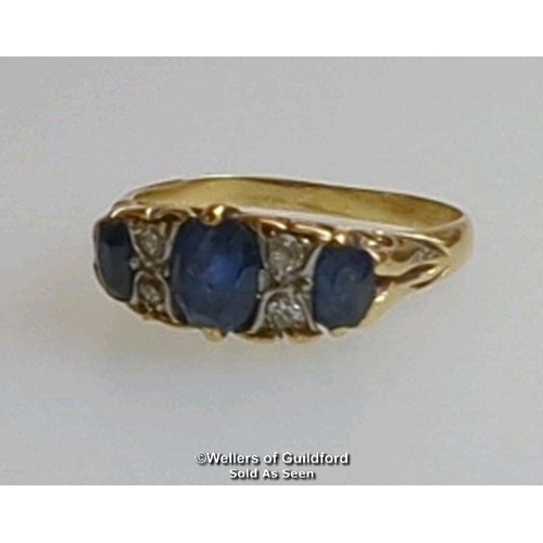 366 - Sapphire and old cut diamond carved style antique ring. Not hallmarked. Ring size L. Gross weight 2.... 