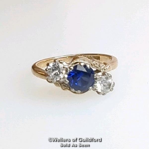 369 - Synthetic sapphire and white sapphire three stone ring in a mount stamped 9ct gold. Ring size L. Gro... 