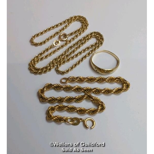 370 - Three items: a solid rope chain in hallmarked 9ct gold, length 38cm, weight 7.52g; a hollow rope bra... 