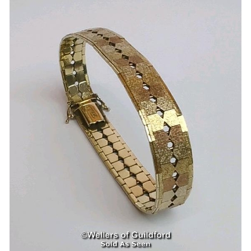 371 - Three colour gold satin textured bracelet stamped 375, length 18cm, gross weight 18.66g. Condition -... 