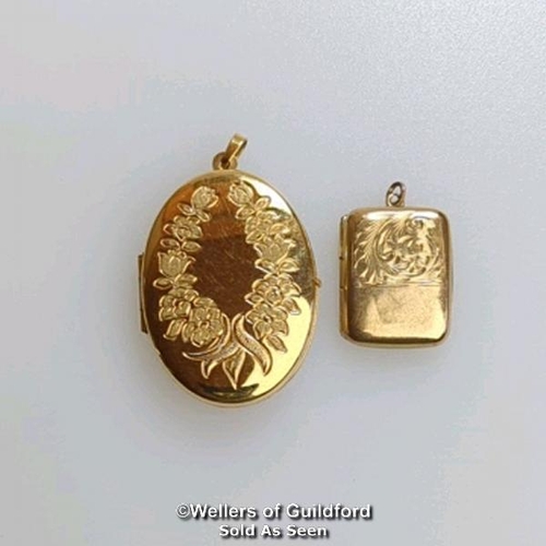 375 - Two locket pendants: one 9ct gold oval locket with engraved front, hallmarked on bail, dimensions 4c... 