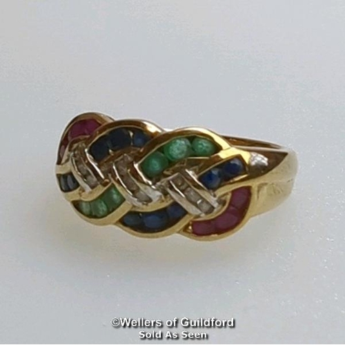 378 - Diamond, sapphire, ruby and emerald knot ring in hallmarked 9ct gold. Diamond weight estimated as 0.... 