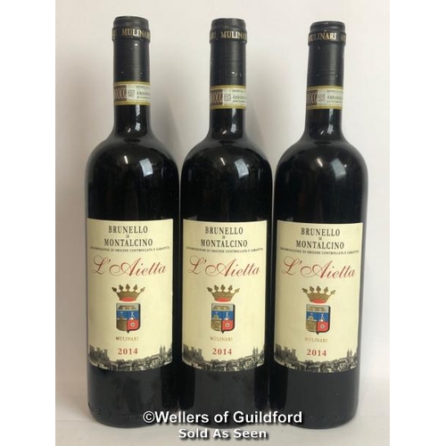 572 - THREE BOTTLES OF 2014 BRUNELLO DI MONTALCINO, L'AIETTA DI FRANCESCO MULINARI, TUSCANY, ITALY, RED, 7... 