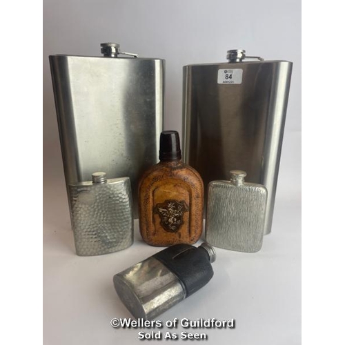 84 - Six hip flasks, inc.Large 64oz, Electronic plated, and Pewter