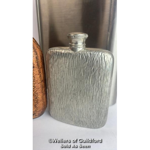 84 - Six hip flasks, inc.Large 64oz, Electronic plated, and Pewter