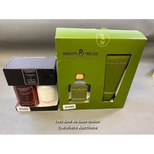 9625 - X1 FRAGRANCE SOCIETY SHOWER GEL AND BODY LOTION AND X1 MONTE & WILDE EAU DE TOILETTE AND HAIR & BODY... 