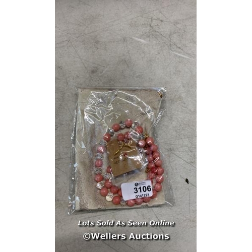 3106 - LIGHT CORAL NATURAL FACETED JADE STONES NECKLACE& EARRINGS SET CRYSTAL SPACERS. / H4