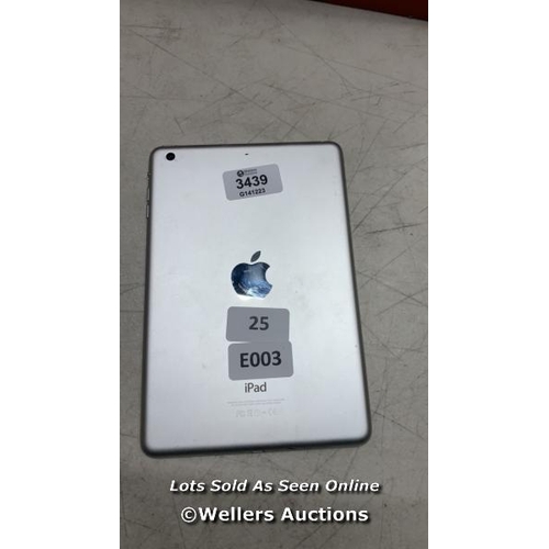 3439 - APPLE IPAD MINI 3 / A1599 / 128GB / SERIAL: DLXNF52WG5V8 / I-CLOUD (ACTIVATION) LOCKED/ RESTORED TO ... 