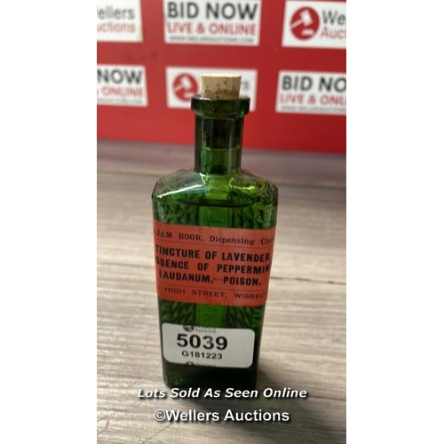 5039 - GREEN ' PRACTICAL ' POISON BOTTLE WISBECH LABELLED LAUDANUM 5 IN NOT TO BE