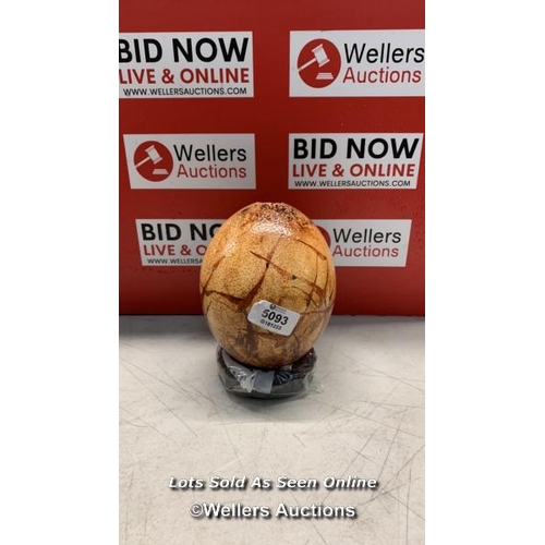 5093 - OSTRICH EGG HAND-PAINTED AFRICAN CAVE ART GLAZED  WITH WOODEN HARDWOOD STAND.