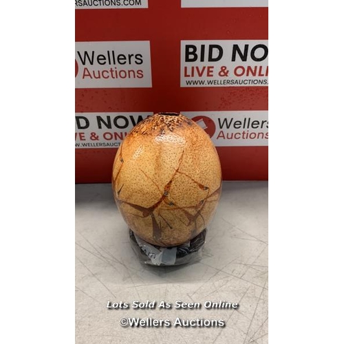 5093 - OSTRICH EGG HAND-PAINTED AFRICAN CAVE ART GLAZED  WITH WOODEN HARDWOOD STAND.