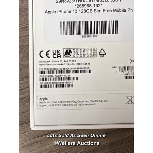 8009 - APPLE IPHONE 13 128GB SIM FREE MOBILE PHONE IN (PRODUCT)RED, MLPJ3B/A / POWERS UP, APPEARS NEW, OPEN... 