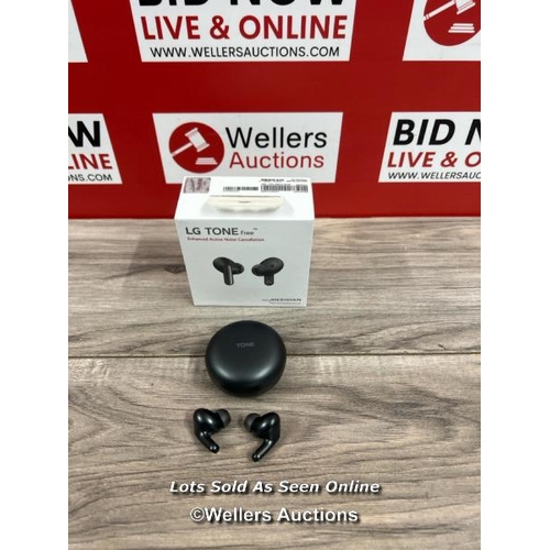 8043 - LG UFP5 WIRELESS EARBUDS / POWER UP, CONNECT TO BT, PLAY MUSIC BUT QUIETLY, SIGNS OF USE