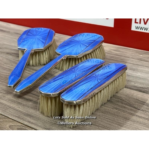 8071 - SOLID STERLING SILVER BLUE ENAMEL GUILLOCHE HAIRBRUSH CLOTHES BRUSH MIRROR SET