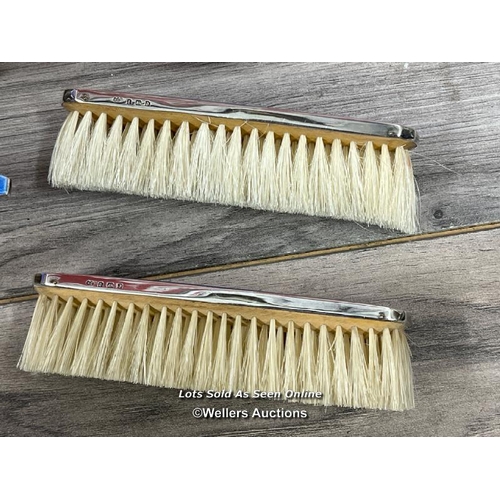 8071 - SOLID STERLING SILVER BLUE ENAMEL GUILLOCHE HAIRBRUSH CLOTHES BRUSH MIRROR SET