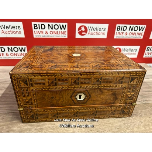 8189 - NEAT C 1875 WALNUT TRI FOLD WRITING SLOPE / JEWELLERY BOX TUNBRIDGE STYLE INLAY / T49