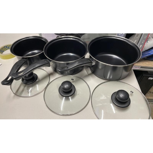 253 - FIRST CHOICE 3 PC NON STICK SAUCE PAN SET / APPEARS NEW OPEN BOX / C43