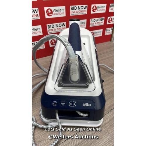 9076 - BRAUN CARESTYLE 7 PRO STEAM GENERATOR IRON IN BLUE, IS7282BL / POWERS UP, SIGNS OF USE / D12