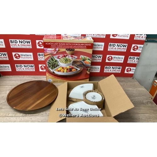 2144 - LAZY SUSAN WITH 5 PORCELAIN DISHES / NEW, OPEN BOX  / A13