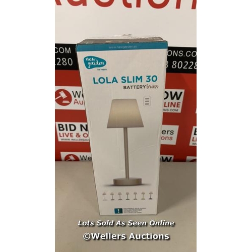 3074 - NEWGARDEN LOLA SLIM 30 WIRELESS OUTDOOR TABLE LAMP, BRASS / UNTESTED/ MINIMAL SIGNS OF USE  / G48