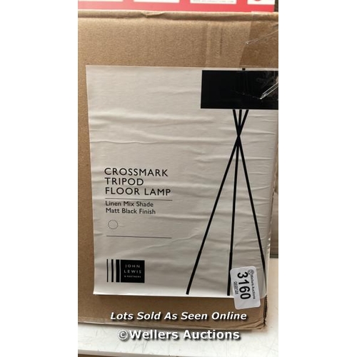 3160 - JOHN LEWIS CROSSMARK TRIPOD FLOOR LAMP, BLACK / UNTESTED/ SIGNS OF USE  / G46