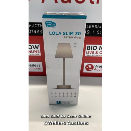 3210 - NEWGARDEN LOLA SLIM 30 WIRELESS OUTDOOR TABLE LAMP, BRASS / UNTESTED / MINIMAL SIGNS OF USE  / H7