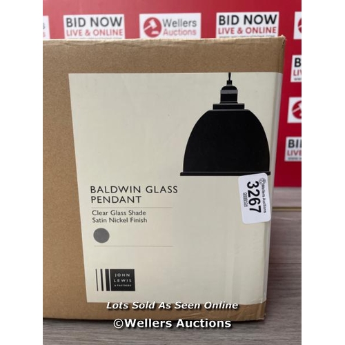 3267 - BALDWIN GLASS PENDANT CEILING LIGHT, SATIN NICKEL / UNTESTED, MINIMAL SIGNS OF USE / H4