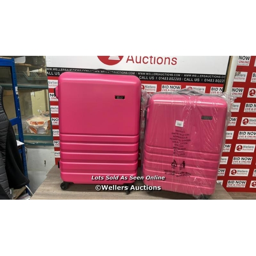 6067 - ROCK BYRON 3PC PINK HARDSIDE SUIT CASE SET / SMALL AND MEDIUM CASE ARE NEW, LARGE CASE HAS VERY MINI... 